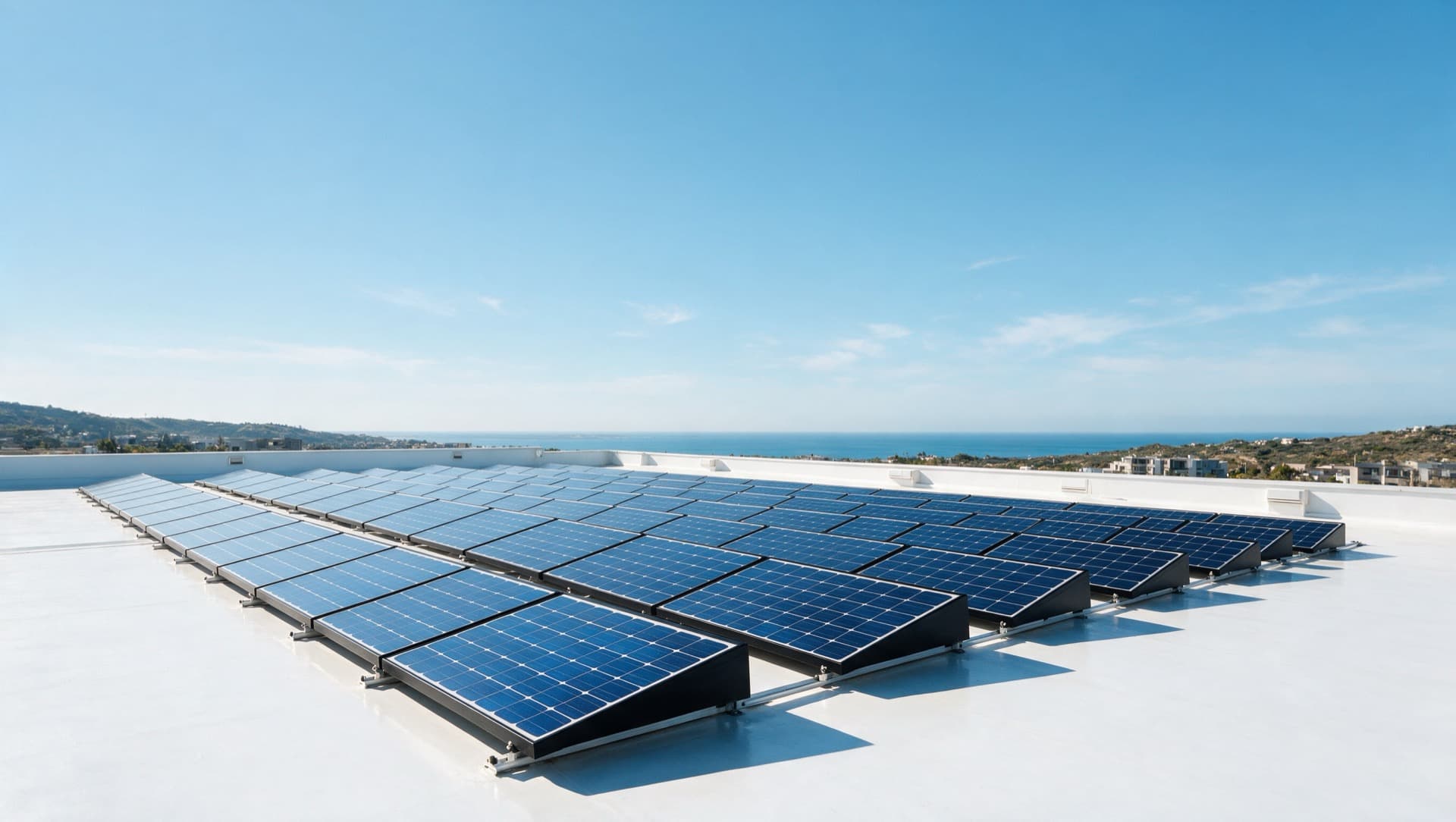 Rooftop solar array under a bright sky