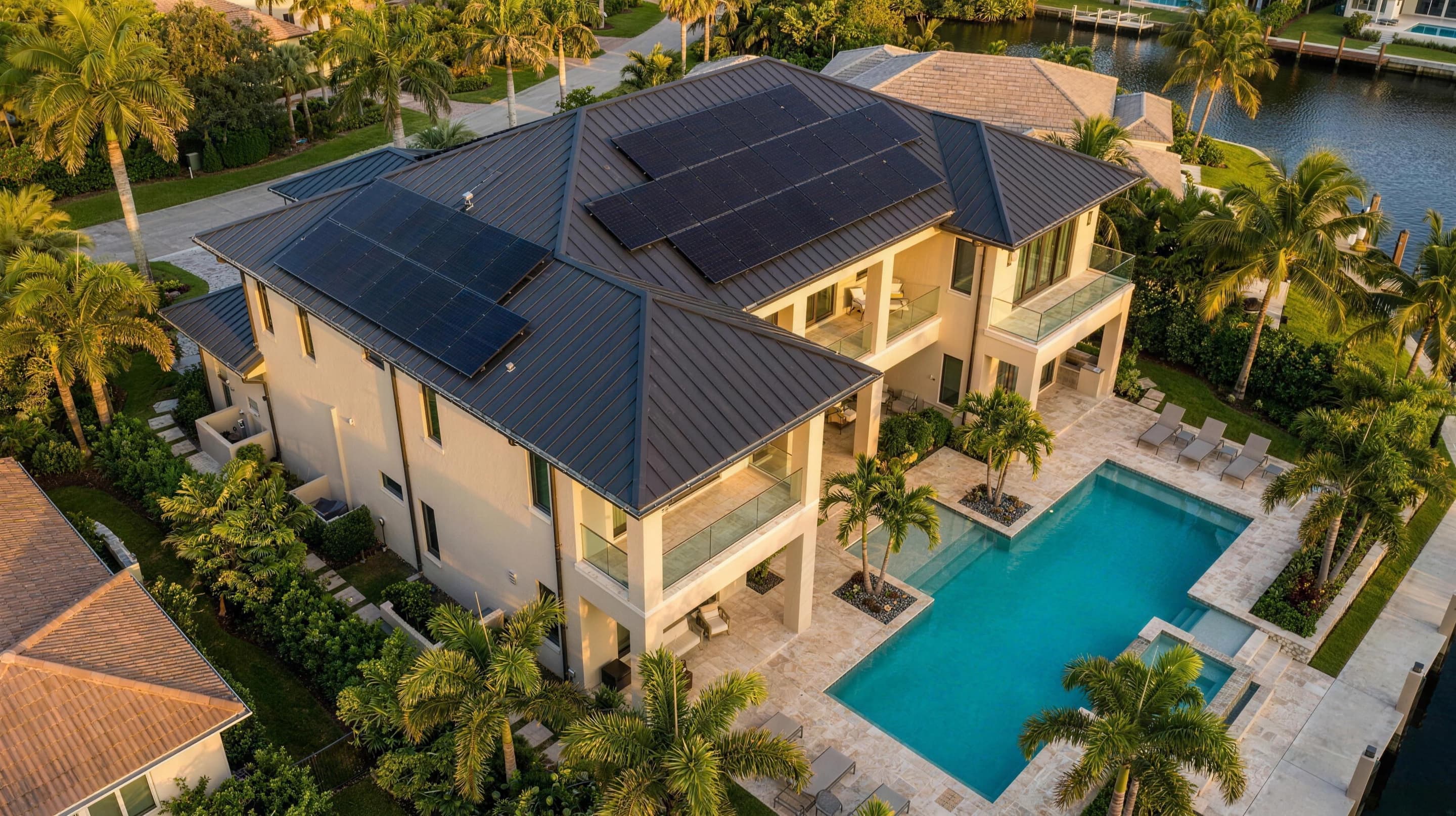 Aerial view of the property with a rooftop solar array